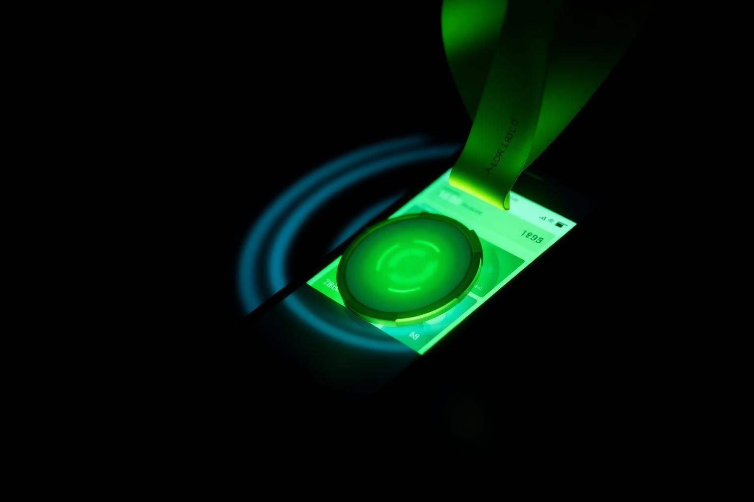 Runner tapping NFC race medal against smartphone with glowing dashboard