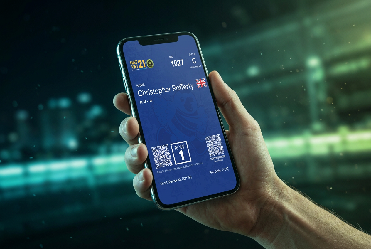 Glowing digital runner card mockup with QR code and badges