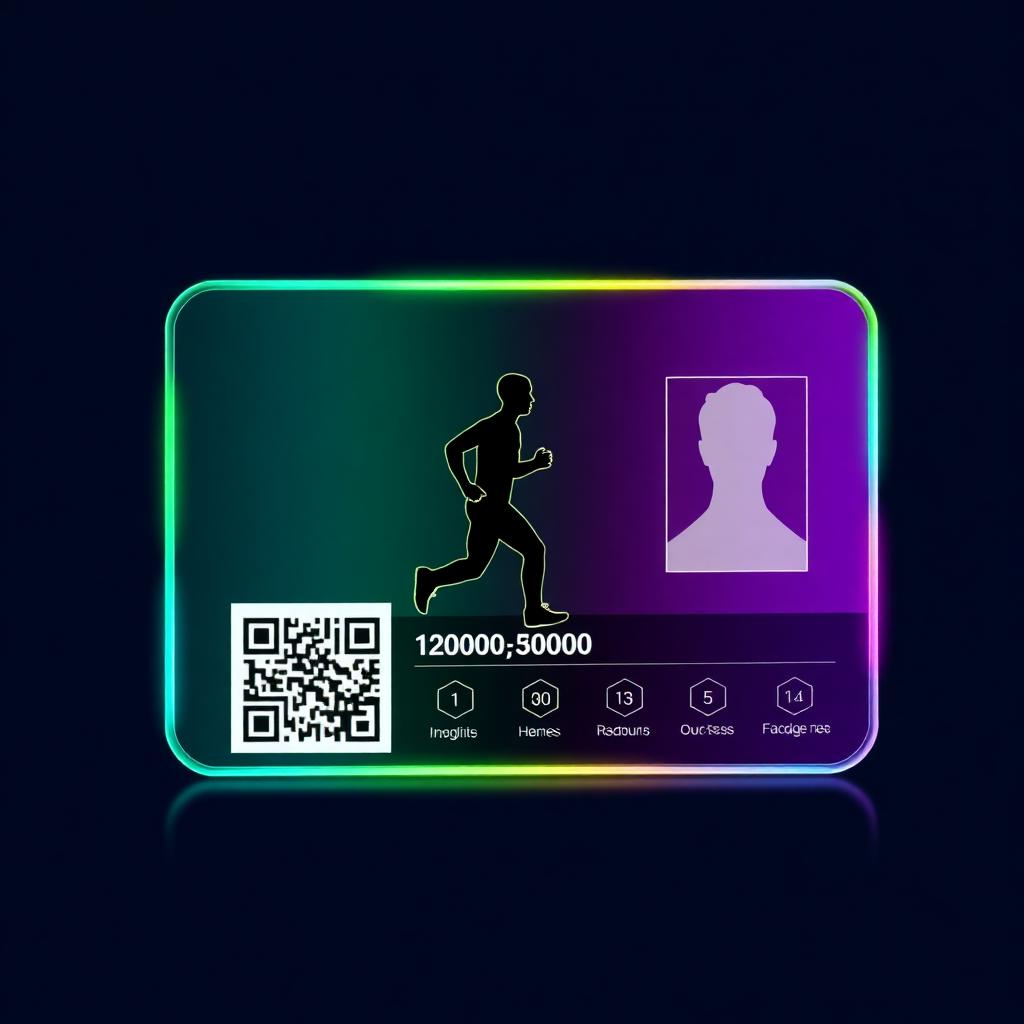 Glowing digital runner card mockup with QR code and badges
